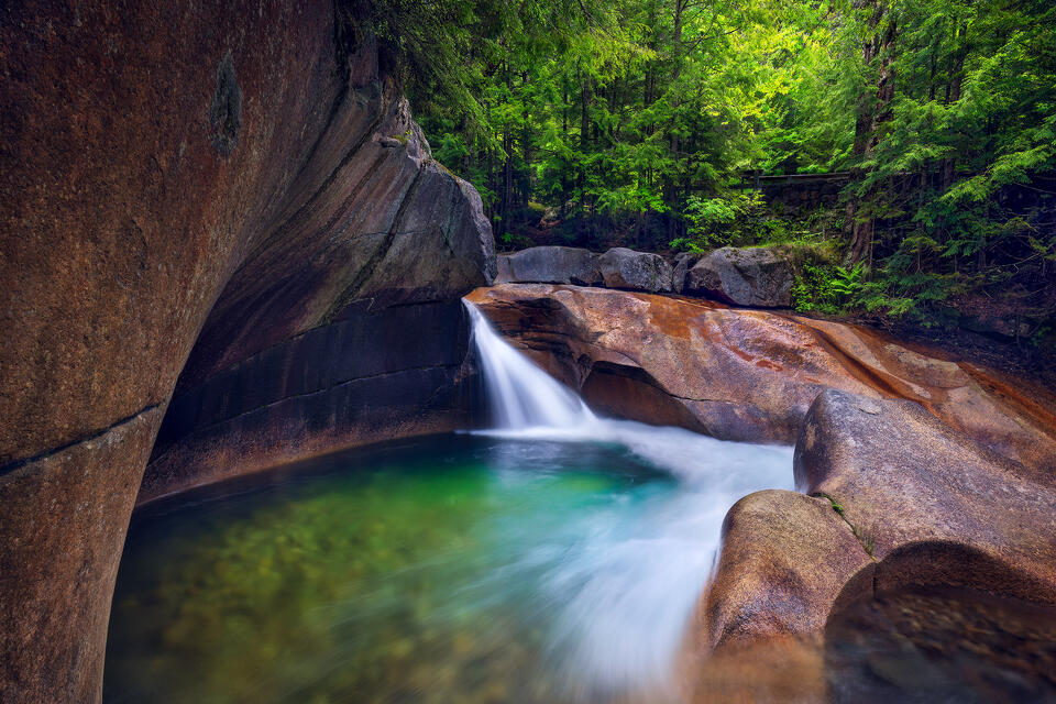 Basin Cascade spills into its plunge pool in the White Mountains.