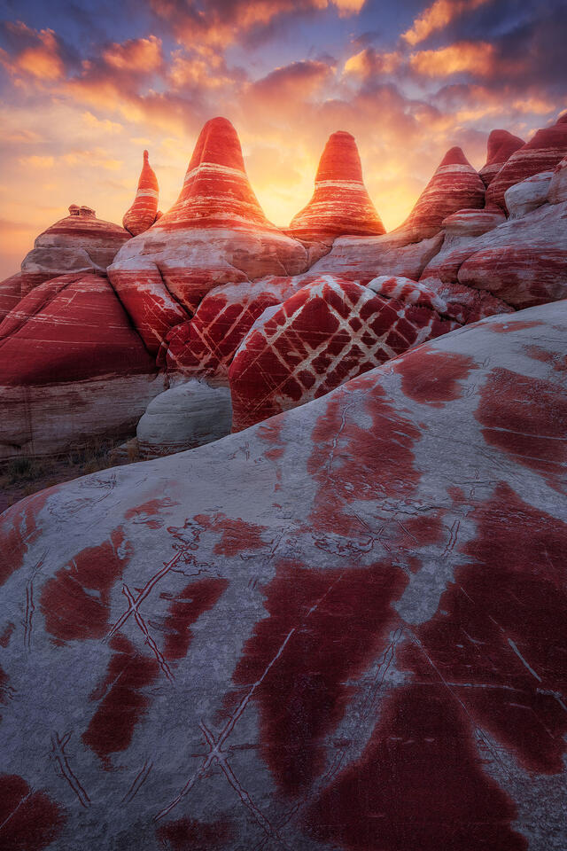 Unique rock formations of Blue Canyon within Hopi lands of Northern Arizona at sunset.
