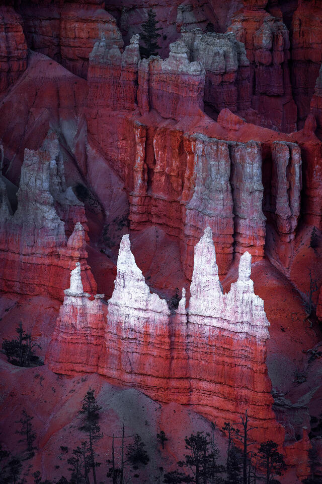 A beautiful sandstone fin seems to glow in the faint light of blue hour after the sun had set in Utah’s Bryce Canyon National Park.