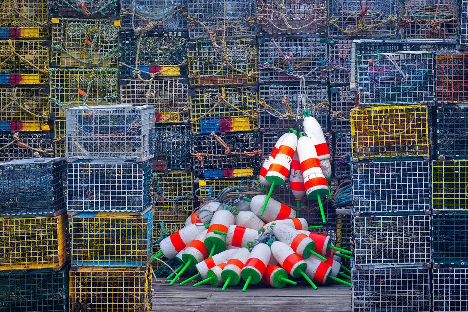 Lobster traps and buoys rest on a dock before going out to sea.