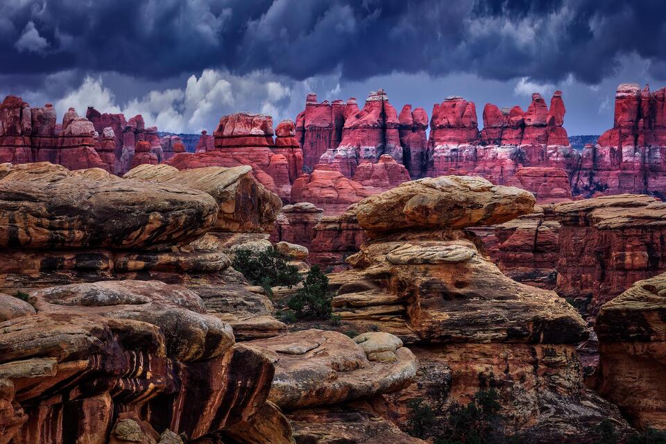 The Needles of Utah’s Canyonlands National Park stand out against a dark and moody sky.
