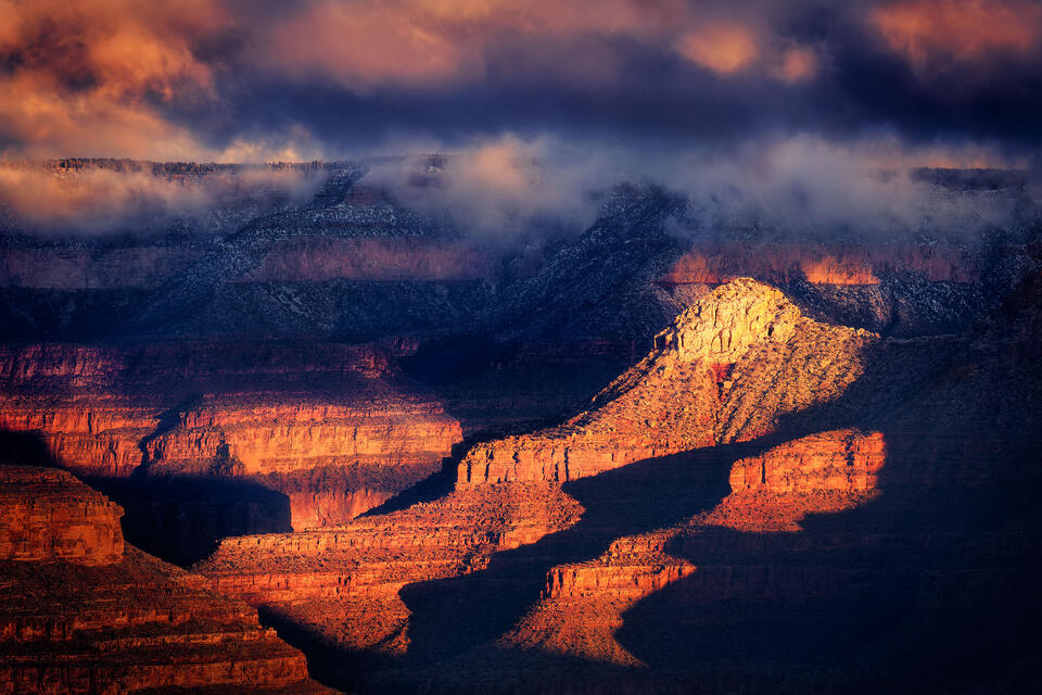 Layers of shadow, light, and ancient stone made for a beautiful morning the day after a winter storm at the Grand Canyon.