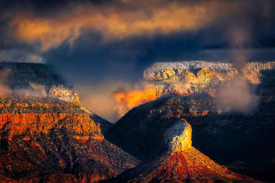 Sunrise light and clearing storm clouds combined to yield this dreamy scene on a truly mystical morning in the Grand Canyon.