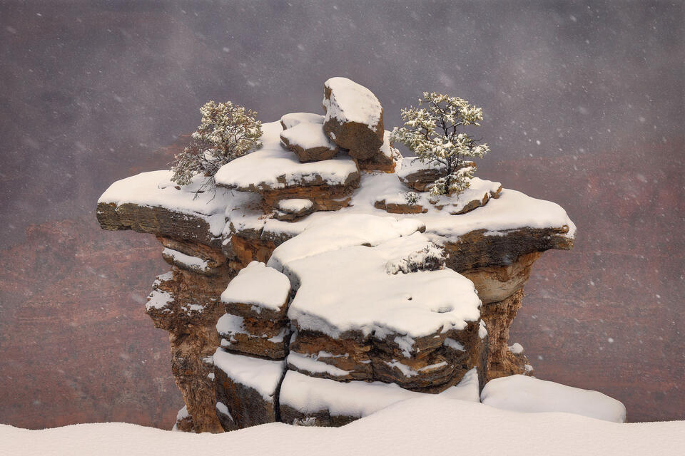 Blowing snow obscures the depths of the Grand Canyon, adding a sense of mystery to an already majestic winter scene.