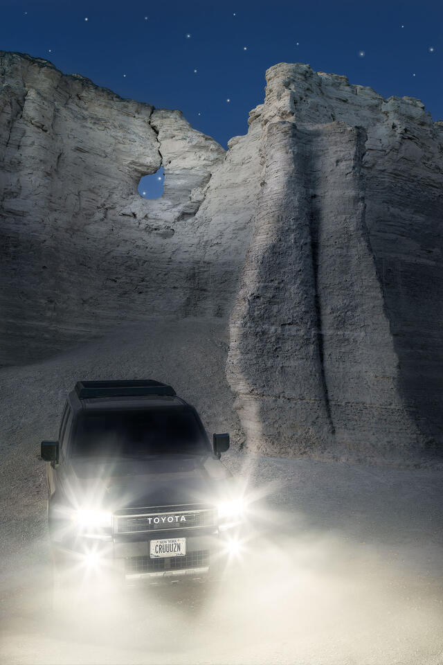 Monument Rocks, which are chalk formations that rise up from the surrounding prairie as if they were transported from a different world.