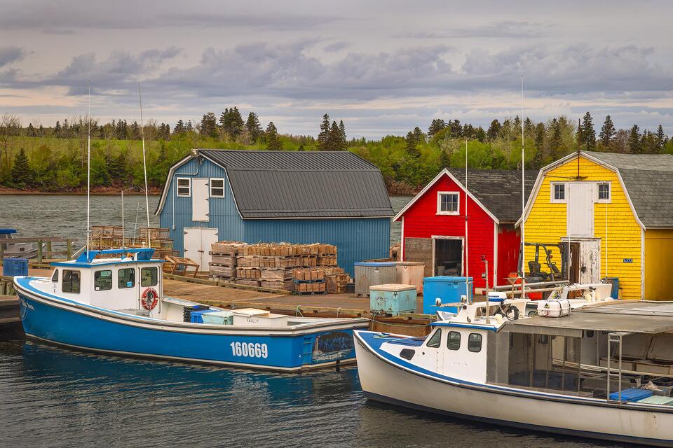 Bright fishing shacks and fresh foliage add some color on a cold, cloudy day. 