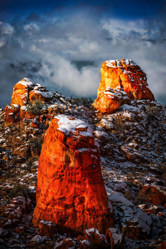 A winter storms reveals snowcapped hoodoos near Page, Arizona.