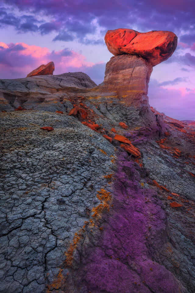 While exploring Utah’s Paria Badlands, I was delighted to find this dramatic hoodoo tucked away within the colorful bentonite badlands.