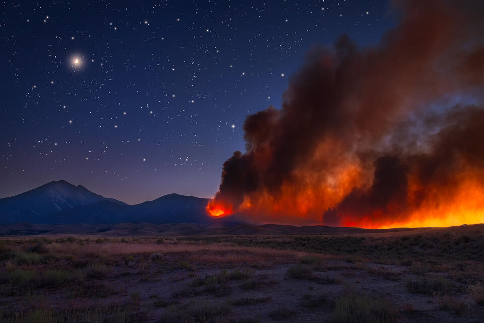 A wildfire at night burns in the Great Basin National Park. Notice the stars and moon in the background.