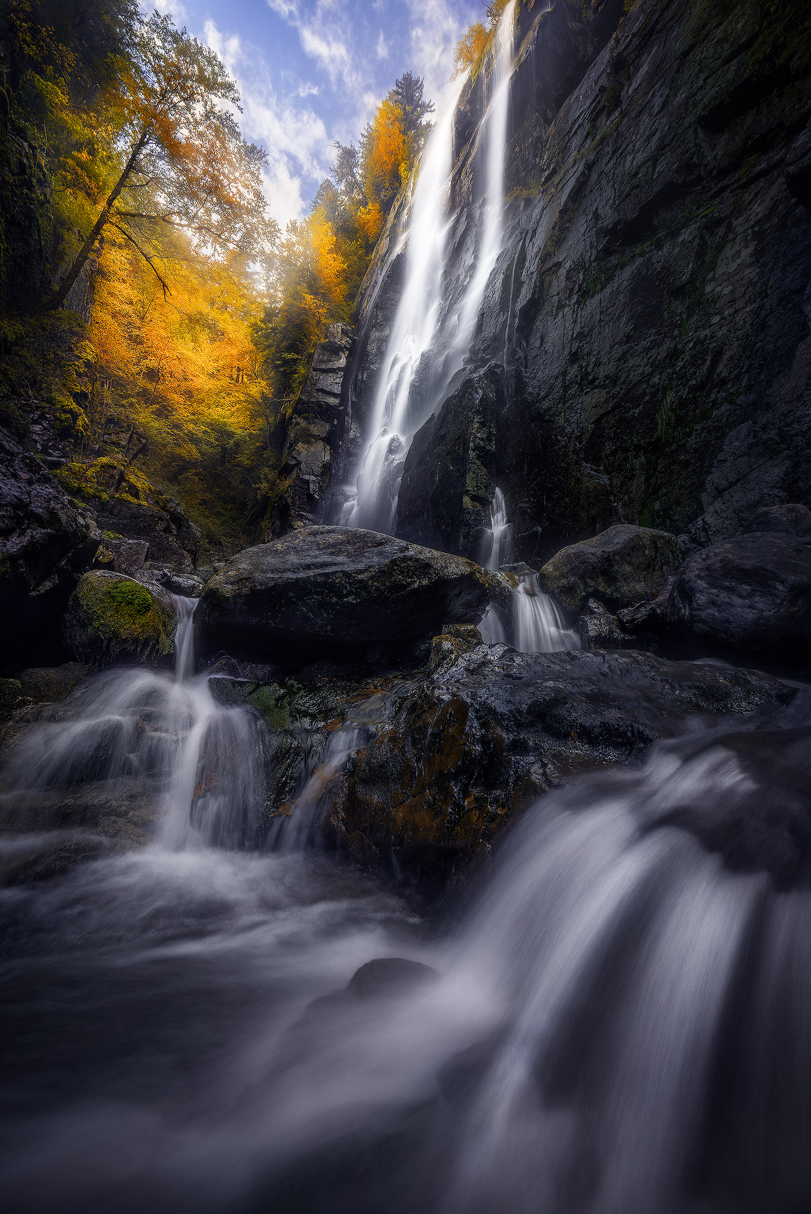 Rainbow Falls Autumn Fall foliage lines the gorge that's home to Rainbow Falls in New York's Adirondacks.